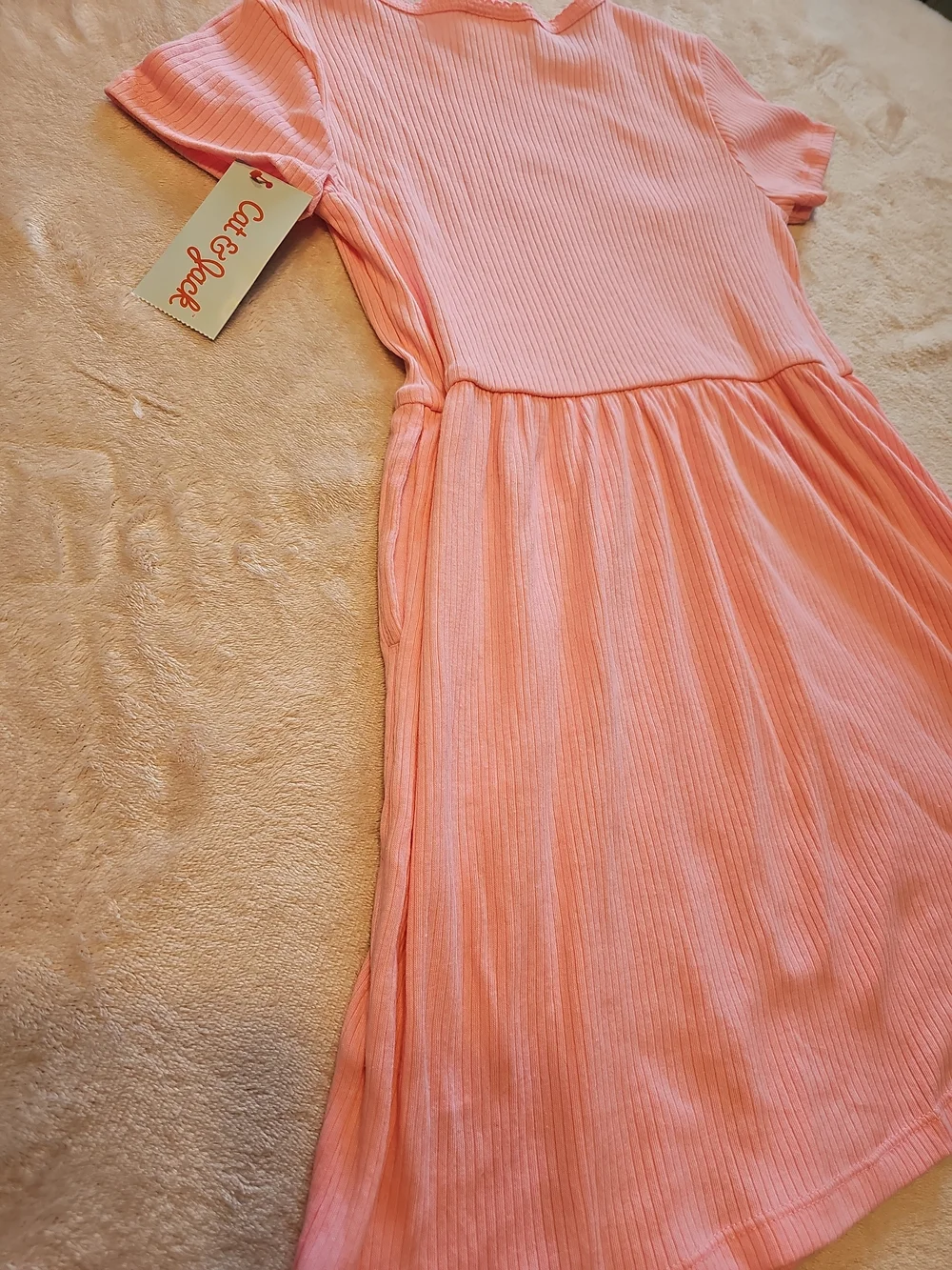 Girls-Pink Ribbed Short-Sleeve Dress